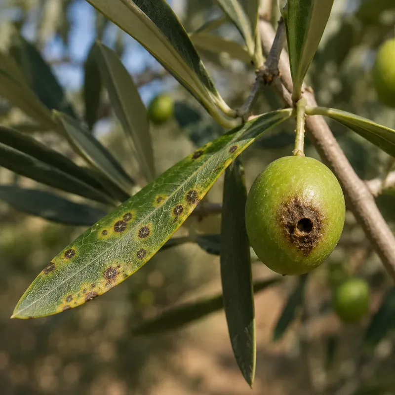 Aceituna con el orificio de salida característico de la mosca del olivo, plaga clave en la gestión integrada de plagas del olivar