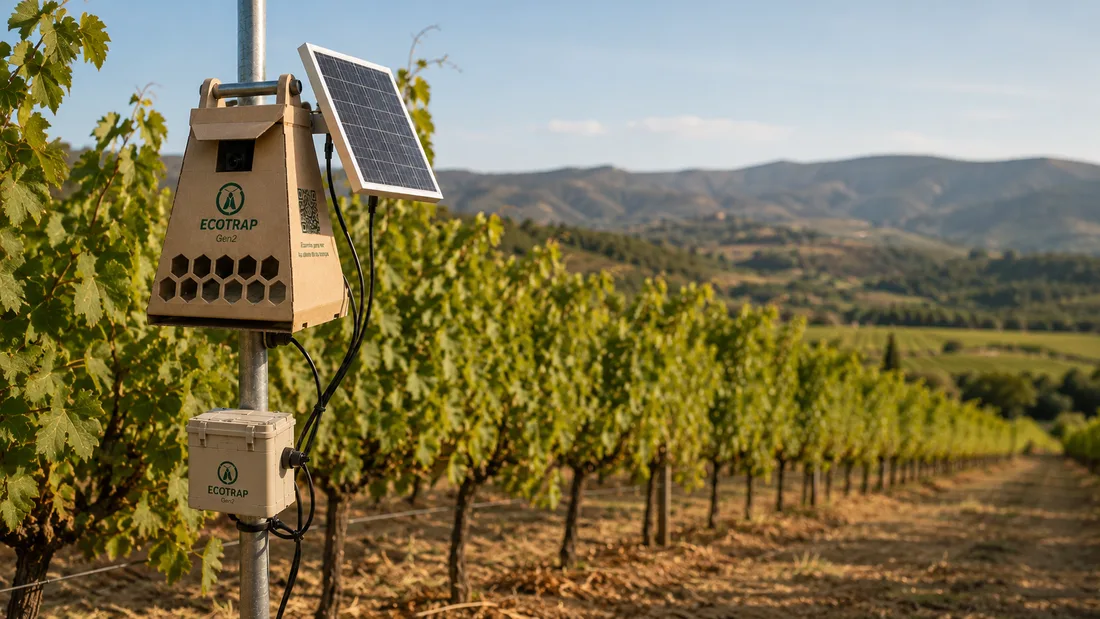 Trampa ECOTRAP con panel solar instalada en un viñedo