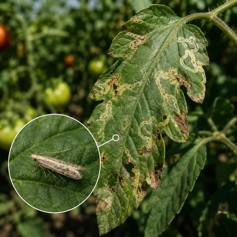 Hoja de tomate con galerías de Tuta absoluta y detalle de la polilla, una de las principales plagas hortícolas mediterráneas