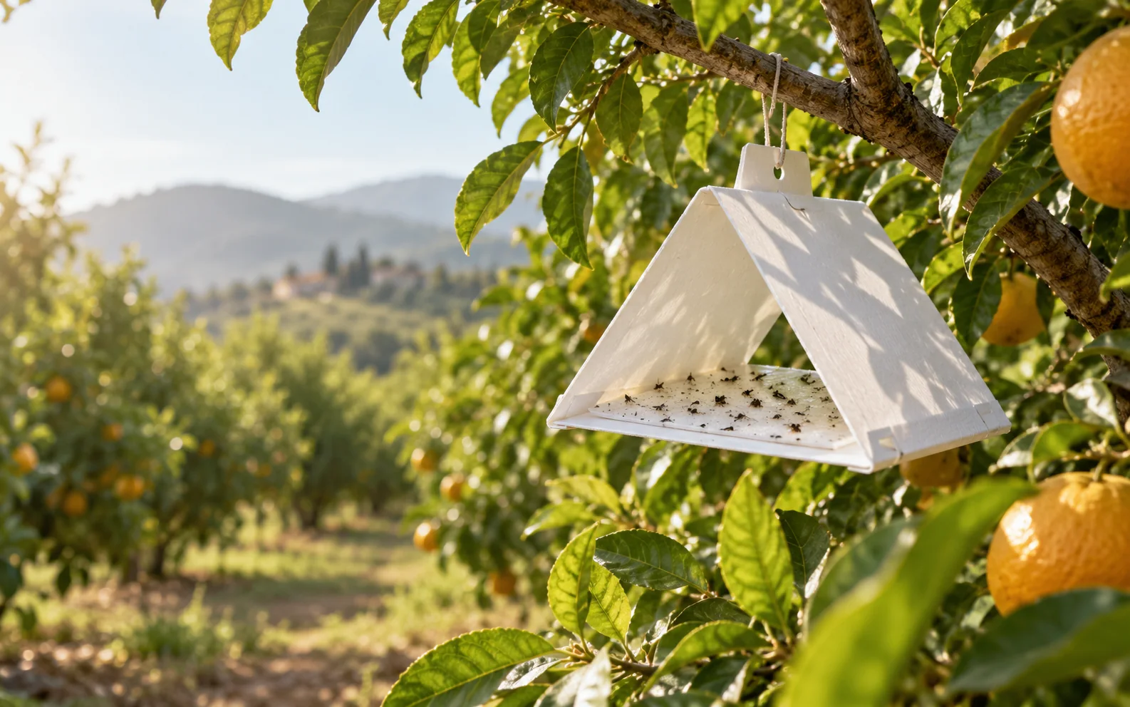Trampa inteligente ECOTRAP instalada en un cultivo mediterráneo