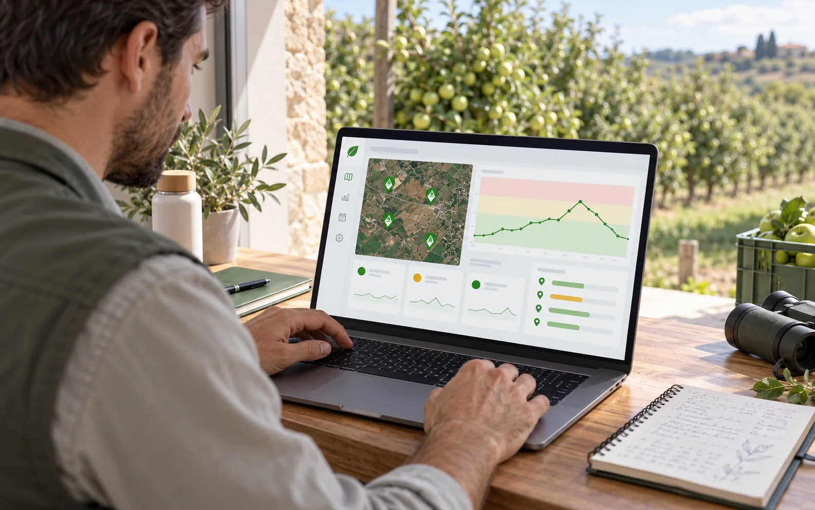 Técnico consultando tendencias y datos agronómicos en una plataforma de apoyo a la decisión