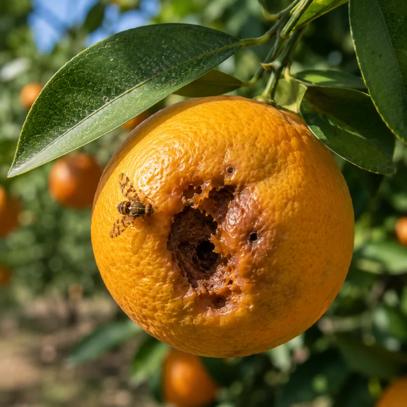 Naranja con daños de mosca de la fruta (Ceratitis capitata) en un cultivo cítrico mediterráneo