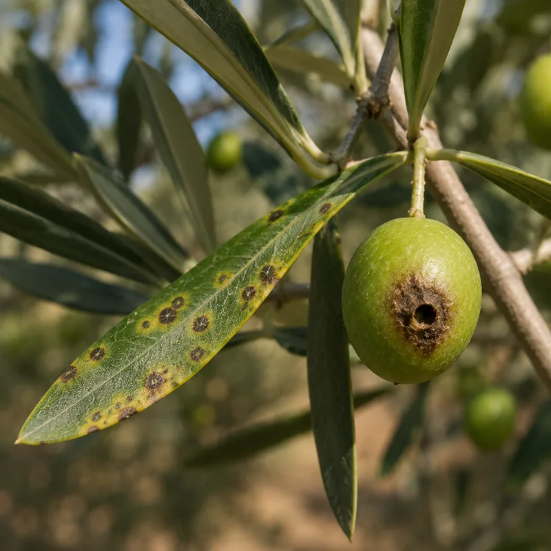 Aceituna con el orificio de salida característico de la mosca del olivo, plaga clave en la gestión integrada de plagas del olivar
