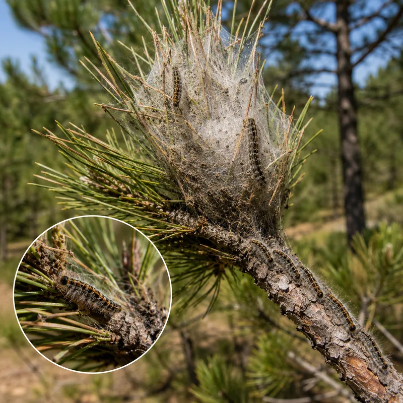 Bolsón de procesionaria del pino con orugas sobre una rama, plaga forestal común en cultivos y espacios mediterráneos