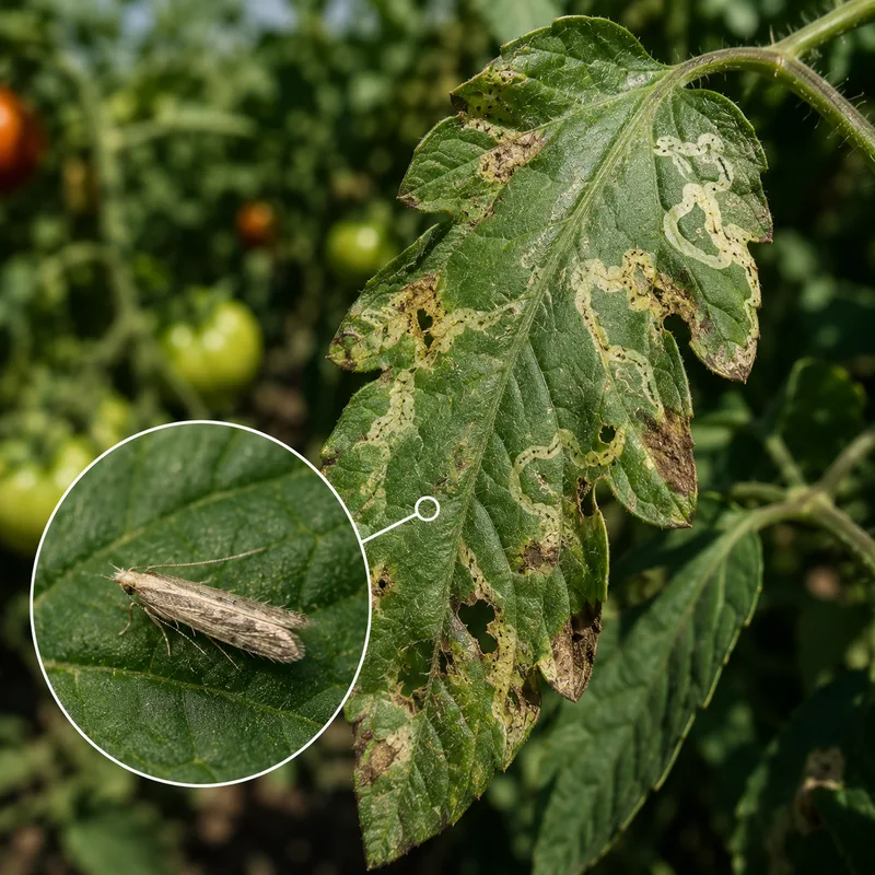 Hoja de tomate con galerías de Tuta absoluta y detalle de la polilla, una de las principales plagas hortícolas mediterráneas